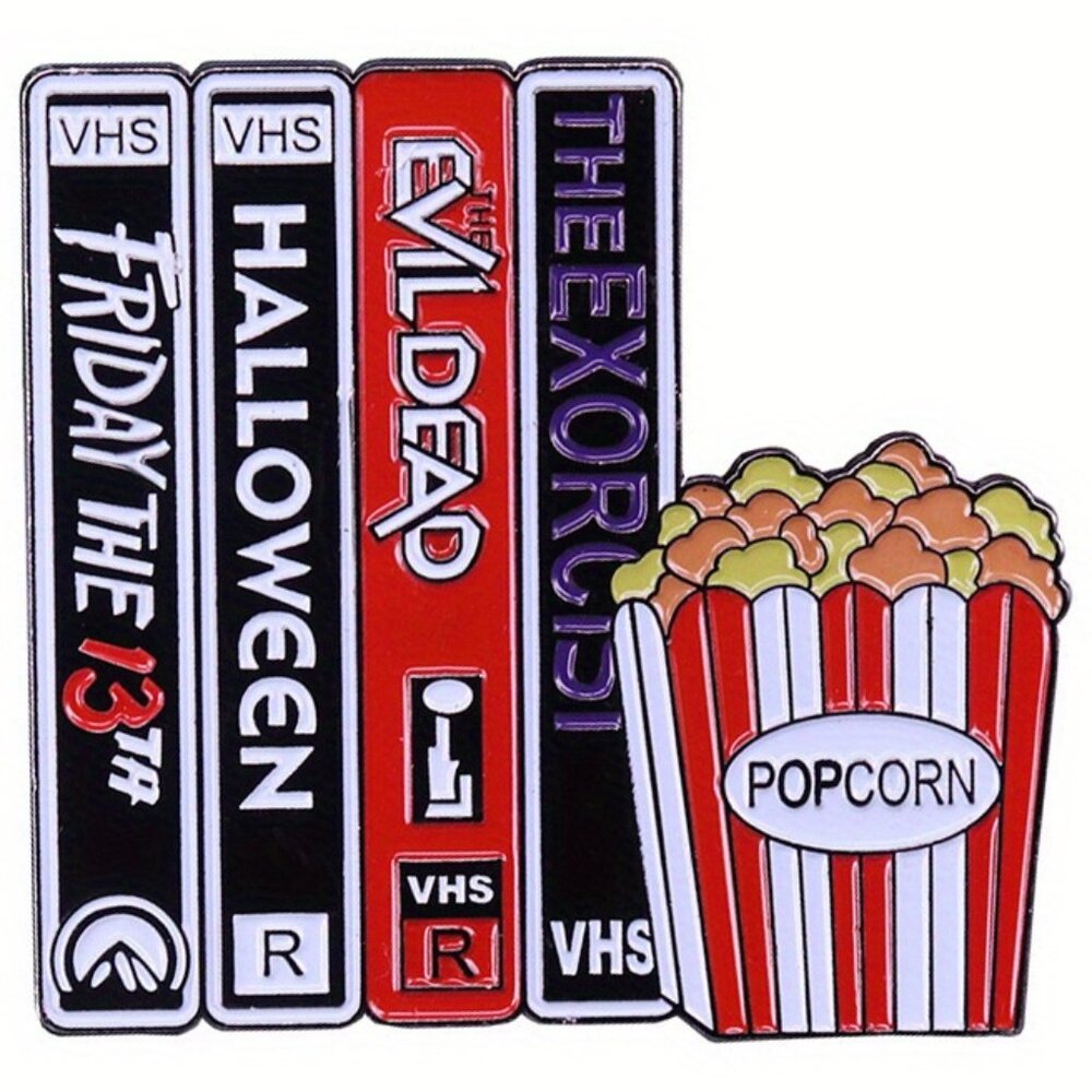 HORROR CLASSICS STACK OF VHS TAPES & POPCORN OIL DRIPPED ENAMEL PIN  BROOCH NWT